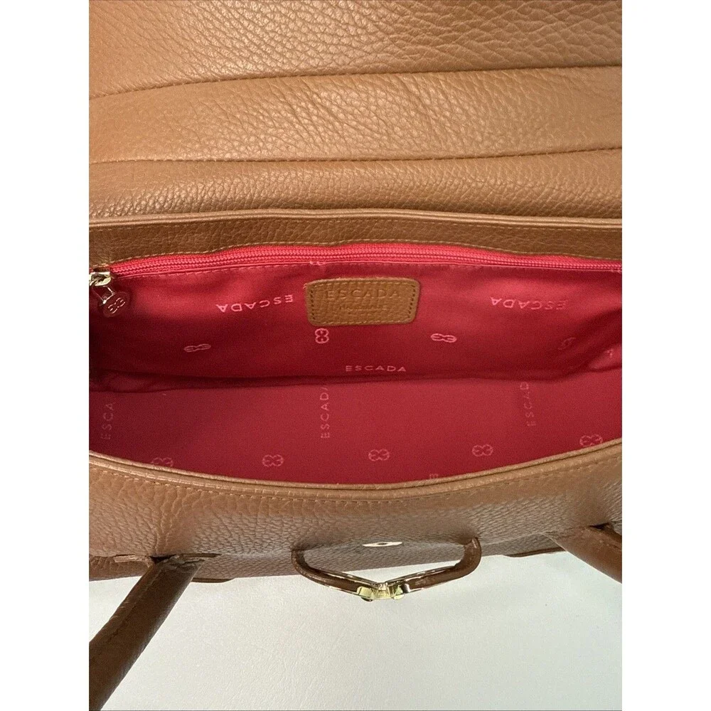 Escada Brown Pebble Leather Stitch Trim Front Flap Gold Hardware Satchel Handbag